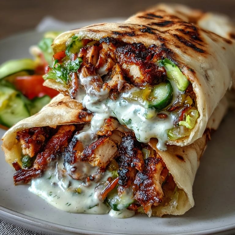 Juicy marinated chicken shawarma served in warm flatbread with vibrant cucumbers, tomatoes, lettuce, and tangy pickles, drizzled with rich garlic sauce.  