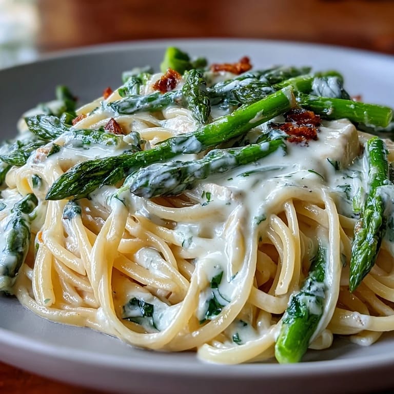 Luscious pasta dish featuring crispy Asiago-coated asparagus, golden chicken, and a velvety cream sauce over linguine.