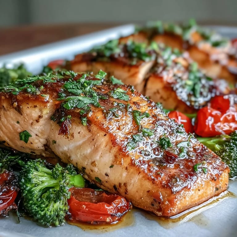 Flaky salmon fillets brushed with honey-Dijon glaze, nestled among roasted broccoli, cherry tomatoes, and bell peppers on a single sheet pan.  