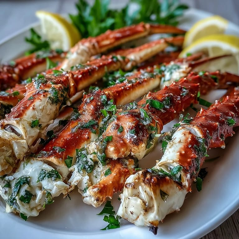 Close-up of king crab legs coated in garlic butter sauce, garnished with parsley and served with fresh lemon wedges.