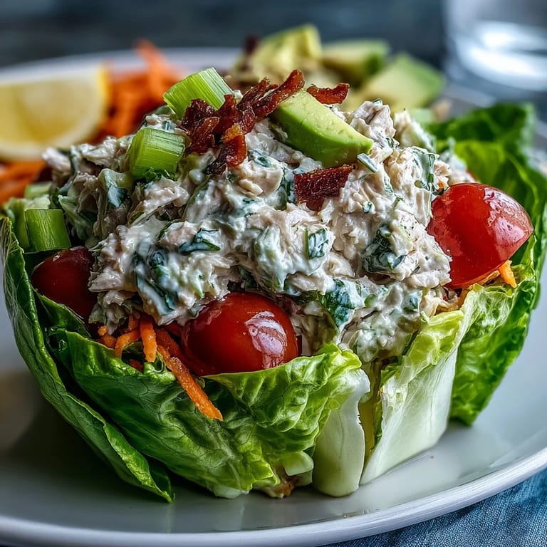 Fresh tuna salad served in lettuce cups, topped with avocado slices and colorful cherry tomatoes.