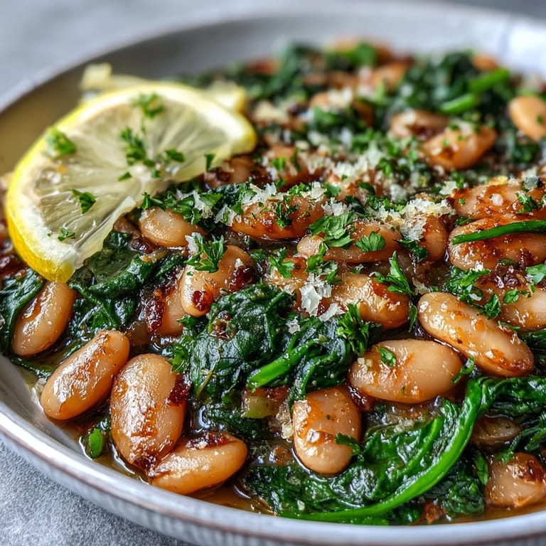 Close-up of a one-pan vegan white bean and spinach dish with bright lemon-garlic aroma, served hot and ready.