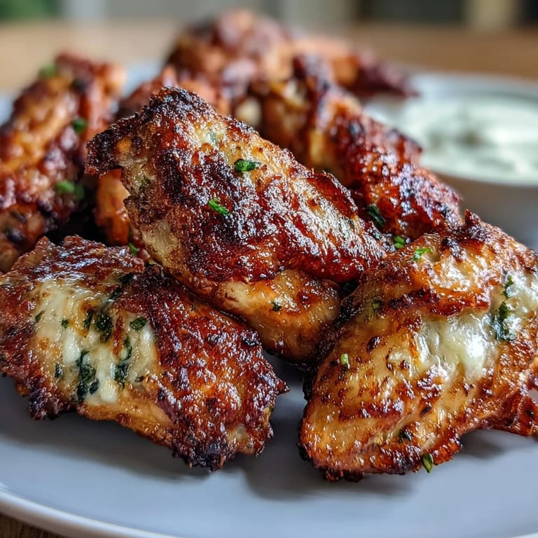 Savory garlic parmesan butter coats crispy oven-roasted chicken wings, served alongside crunchy celery sticks and a side of ranch dressing for a flavorful, low-carb appetizer perfect for game day or dinner.