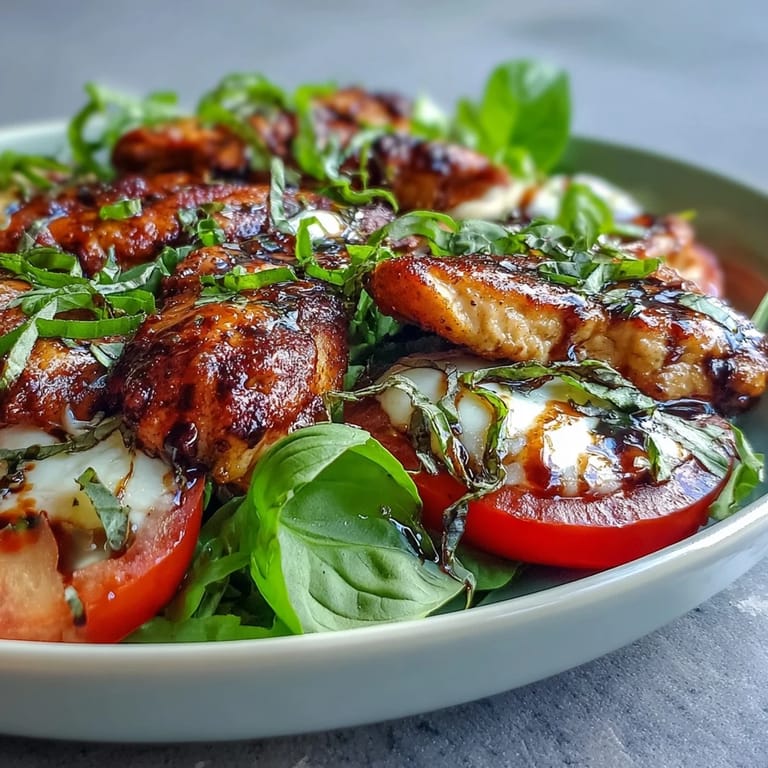 A vibrant summer salad featuring tender grilled chicken, ripe tomato, creamy mozzarella, and fresh basil, drizzled with rich balsamic reduction for a bright, flavorful dish.  