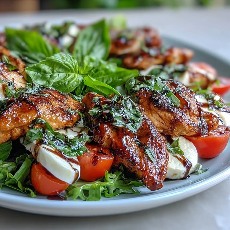 This Italian-inspired Grilled Chicken Caprese Salad combines smoky grilled chicken, juicy tomatoes, soft mozzarella, and fragrant basil, all elevated by a glossy balsamic glaze.