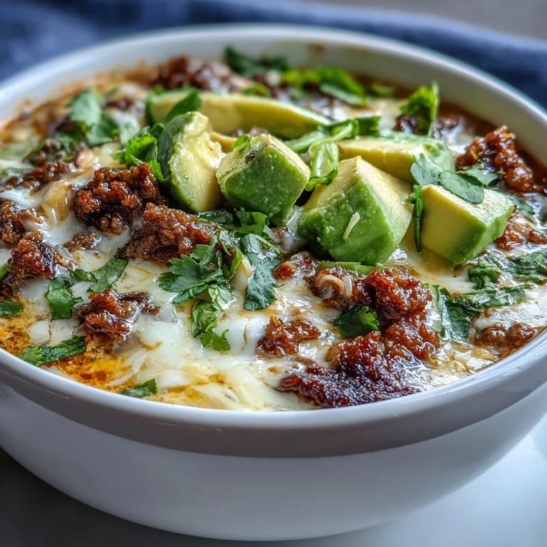 A hearty bowl of low-carb taco soup featuring tender ground beef, rich cream cheese, and avocado slices in a spiced broth.