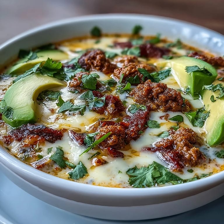 Keto-friendly taco soup with juicy ground beef, melted cheddar, and diced avocado, served hot and ready to enjoy.