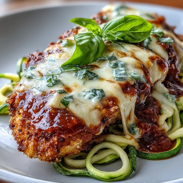 Tender almond-crusted chicken smothered in rich marinara and bubbling mozzarella, paired with sautéed zucchini noodles for a healthy twist.  