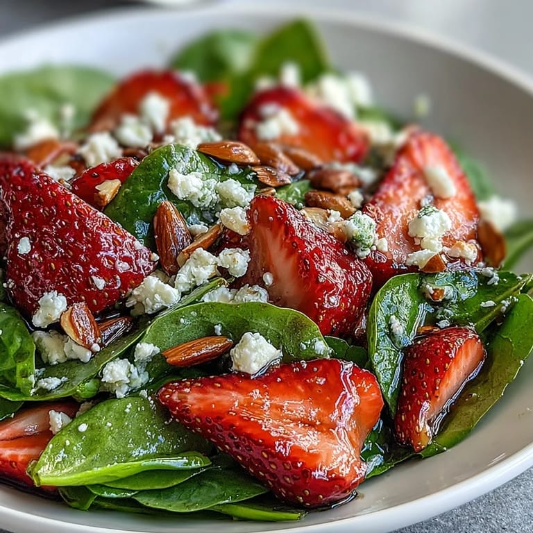 Refreshing strawberry spinach salad topped with crumbled feta and golden toasted almonds, perfect for a light lunch.