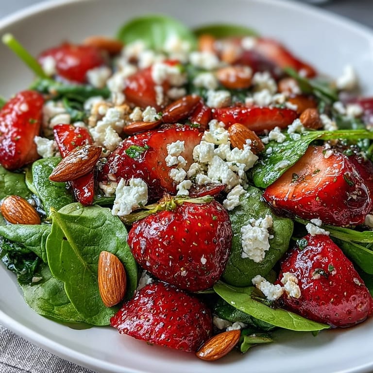 Vibrant salad of baby spinach, juicy strawberries, creamy feta, and crunchy toasted almonds in a honey balsamic dressing.  