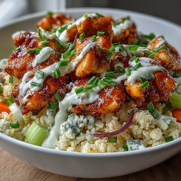 Tender buffalo chicken and cauliflower rice create a flavorful, keto-approved bowl with crunchy vegetables and a zesty ranch drizzle.
