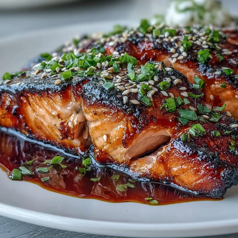 Oven-baked teriyaki salmon with a glossy, caramelized glaze, served on a platter and garnished with sesame seeds for an elegant, flavorful meal.