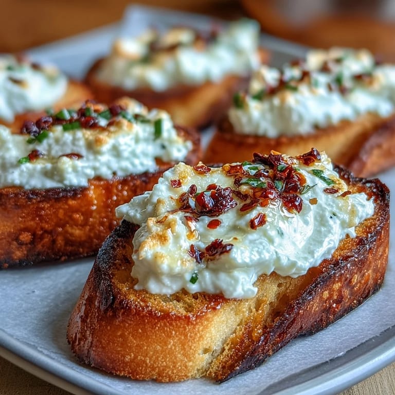 Golden-baked baguette slices spread with smooth whipped feta, finished with a spicy-sweet hot honey drizzle and fresh herbs.