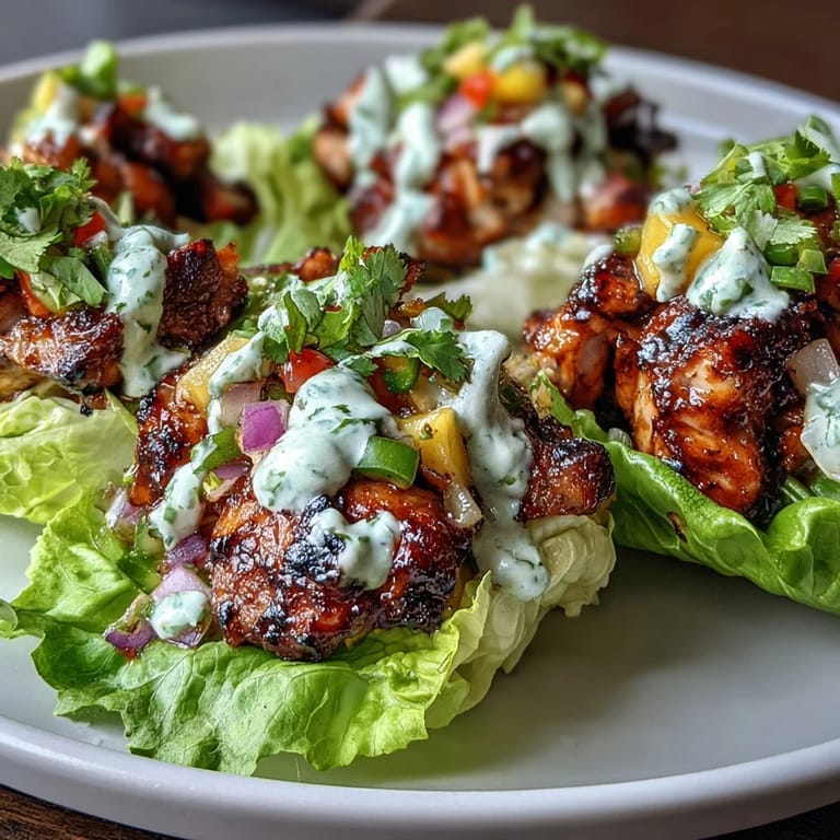 Crispy lettuce cups packed with tender jerk-seasoned chicken, sweet mango salsa, and zesty coconut crema for a fresh, flavorful appetizer or main dish.