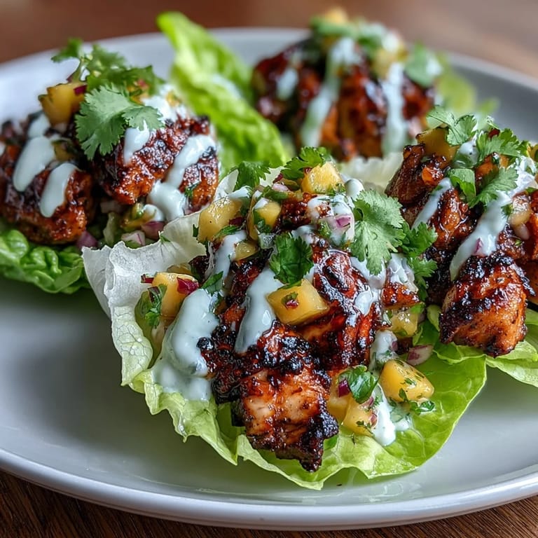 Vibrant Caribbean jerk chicken lettuce cups served with tangy mango salsa and smooth coconut yogurt drizzle for a light, gluten-free meal.  