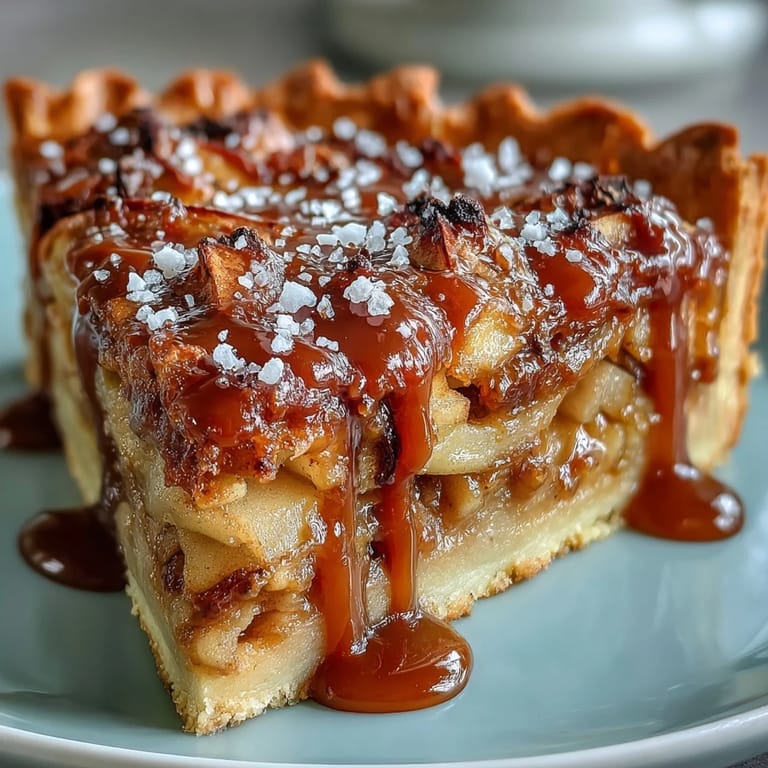Golden tart showcasing layers of spiced apples and decadent salted caramel, finished with a flaky crust and extra caramel drizzle.