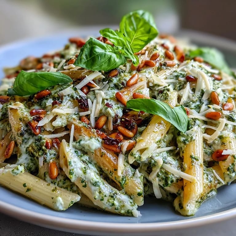 Luxurious vegetarian pasta dish featuring a silky cream cheese pesto sauce tossed with al dente penne.  