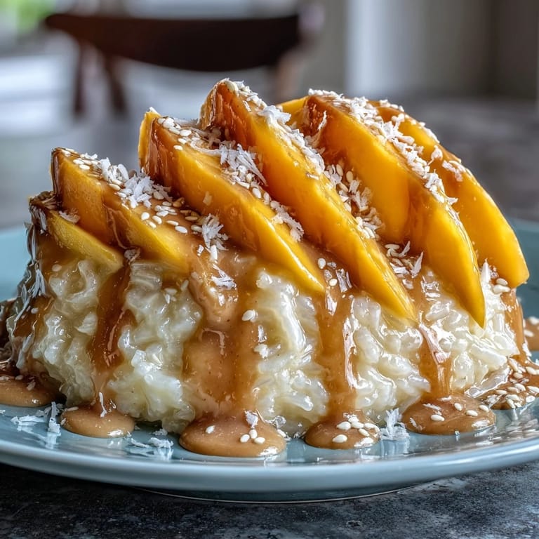 Silky sweet sticky rice drenched in coconut milk, served with juicy ripe mango and a drizzle of coconut sauce.