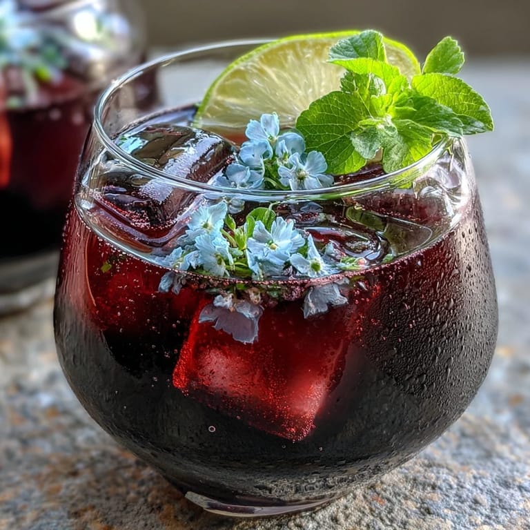A refreshing black currant gin cocktail served over ice with a lime wheel and delicate edible flowers.