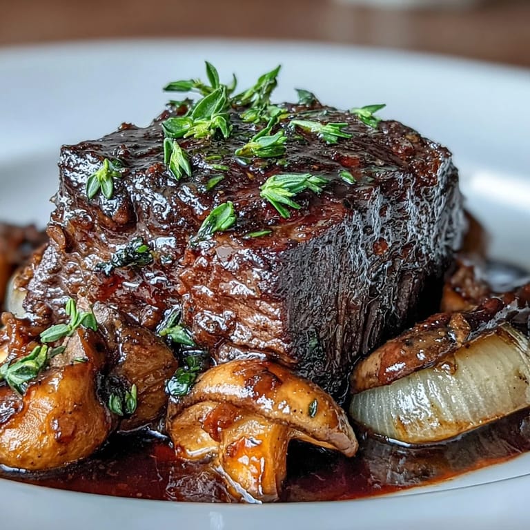 Wild mushroom beef bourguignon served in a rustic Dutch oven with crusty French bread for dipping.  