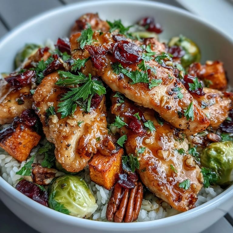 Hearty bowl of roasted sweet potatoes, Brussels sprouts, and maple Dijon chicken, topped with cranberries and pecans.