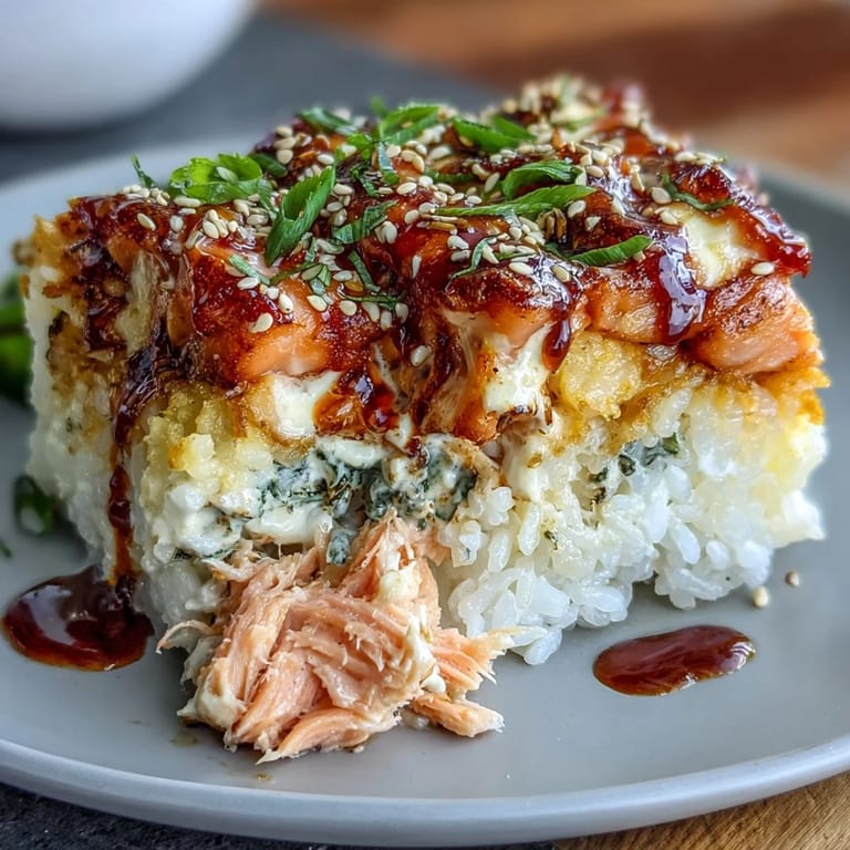 Deconstructed salmon sushi roll bake with imitation crab, cream cheese, and seasoned rice, baked until golden and bubbling.  