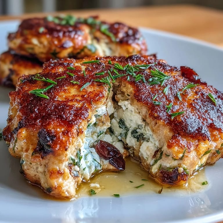 Crispy pan-seared Mediterranean chicken patties with feta, tomatoes, and herbs, ready to serve.