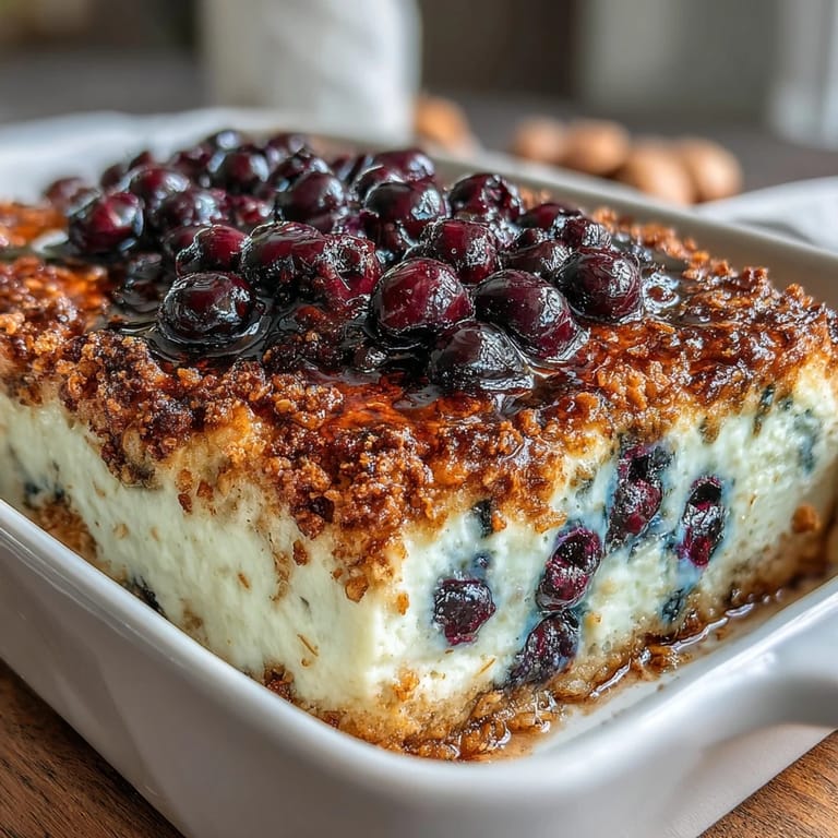 Protein-packed Blueberry Cottage Cheese Breakfast Bake baked until golden, with a custardy texture and bursts of sweet blueberry flavor in every bite.