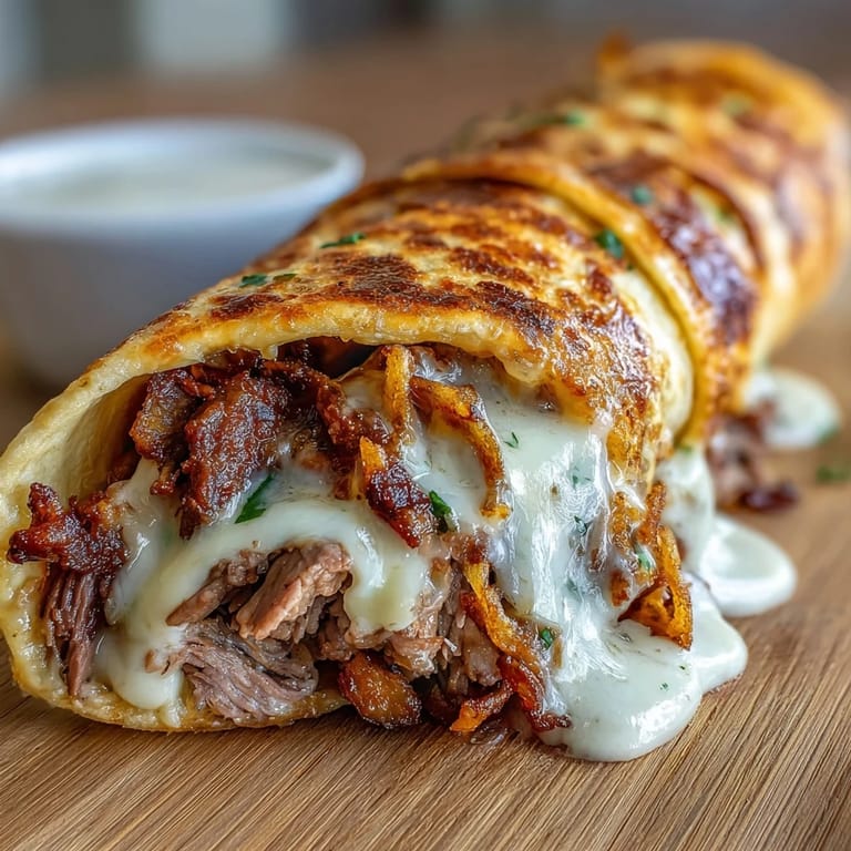 Savory French Dip Tortilla Roll Ups featuring tender roast beef, gooey provolone, and crispy onions, ready for au jus dunking.