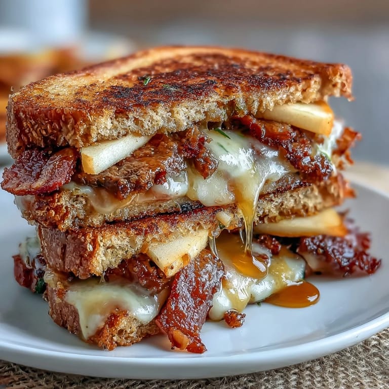 Crispy beef bacon, tart apple, and gooey cheddar cheese layered with hot honey between buttered artisan bread for a flavor-packed grilled cheese.