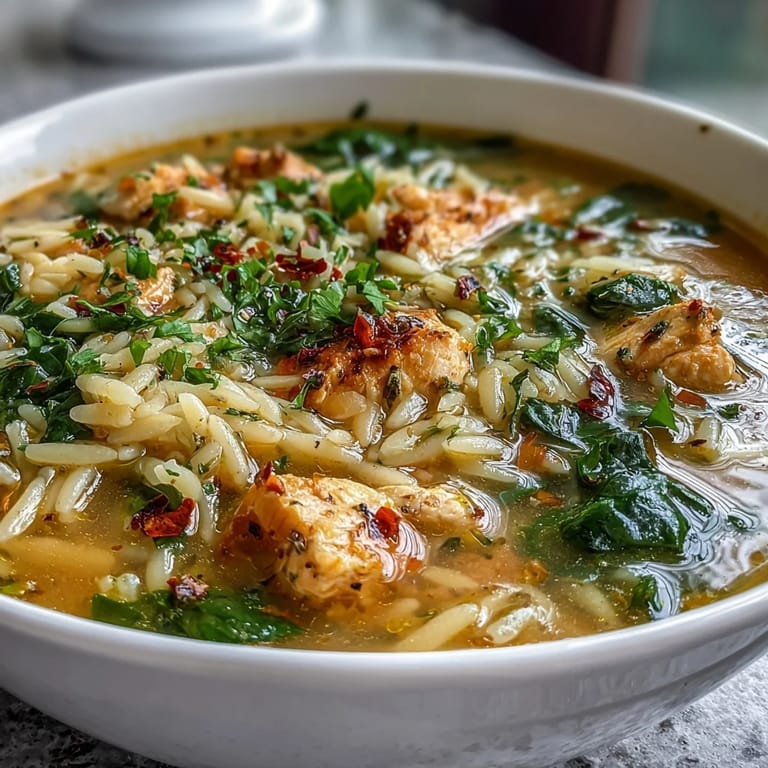 Close-up view of lemon chicken orzo soup with orzo pasta, shredded chicken, and vibrant spinach in a savory broth.