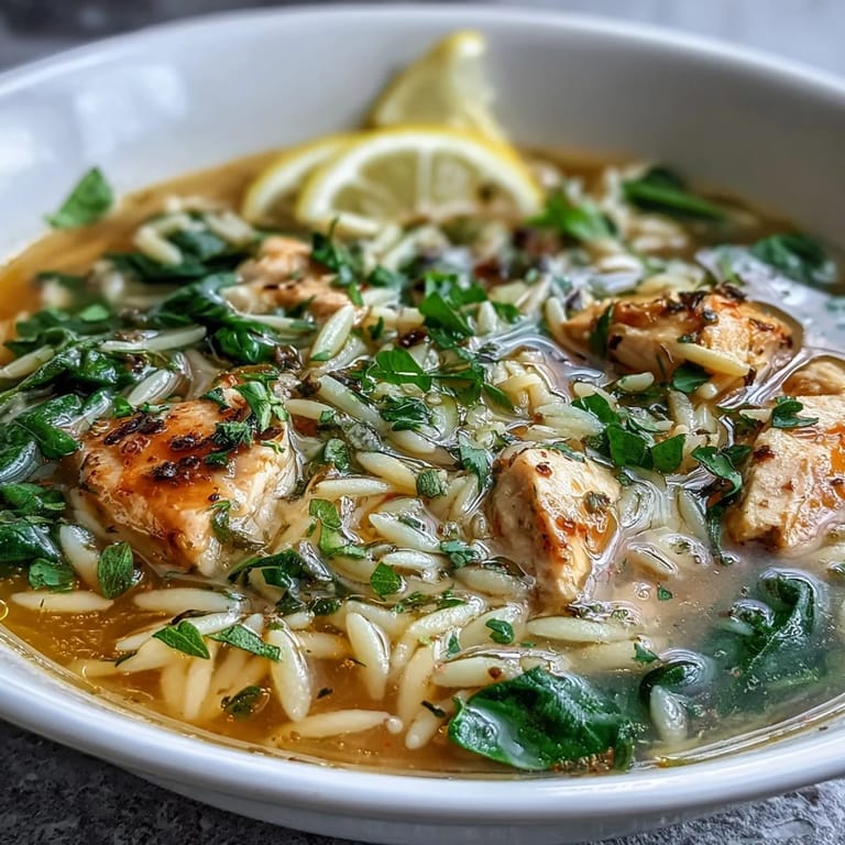 A comforting bowl of lemon chicken orzo soup, featuring juicy chicken, delicate orzo, and fresh spinach, topped with parsley.