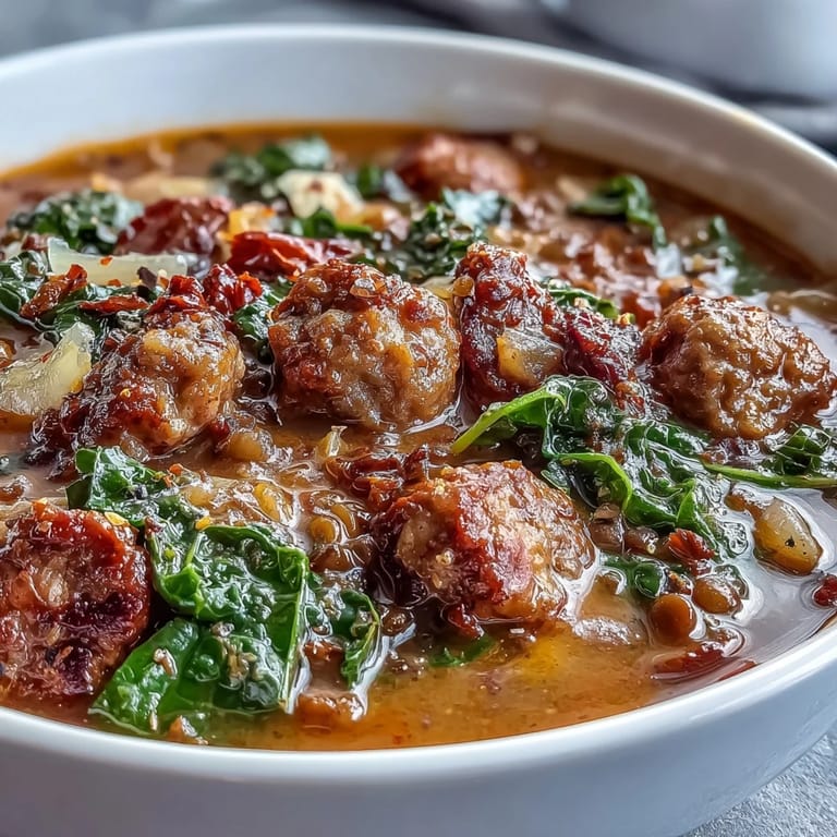 Warm and comforting spicy sausage and lentil soup with kale, loaded with smoky sausage, hearty lentils, and fresh greens.  