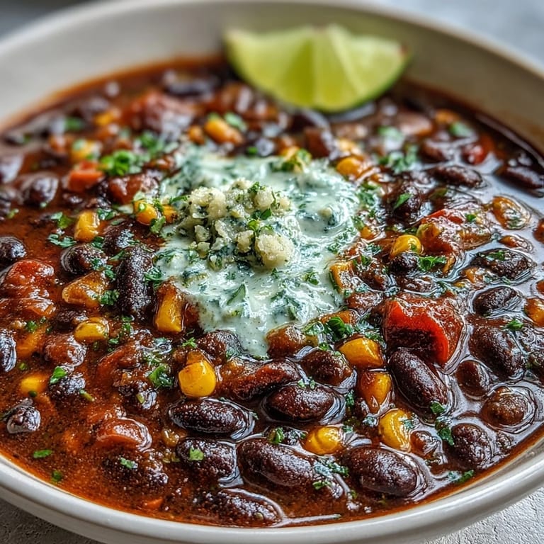 Comforting black bean and corn chili, bursting with flavor and finished with creamy lime crema and sliced avocado.