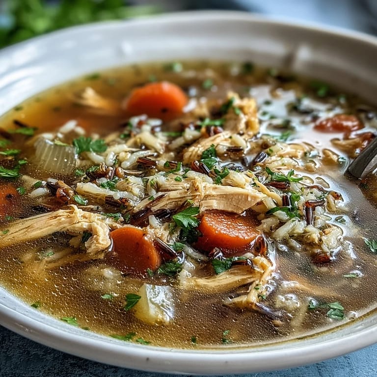 Rich chicken and wild rice soup with juicy chicken, wild rice, and carrots simmering in a flavorful broth.