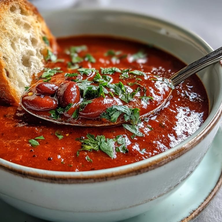 Aromatic white bean soup featuring smoky roasted red peppers, tender vegetables, and warming spices—perfect for a comforting vegetarian meal.