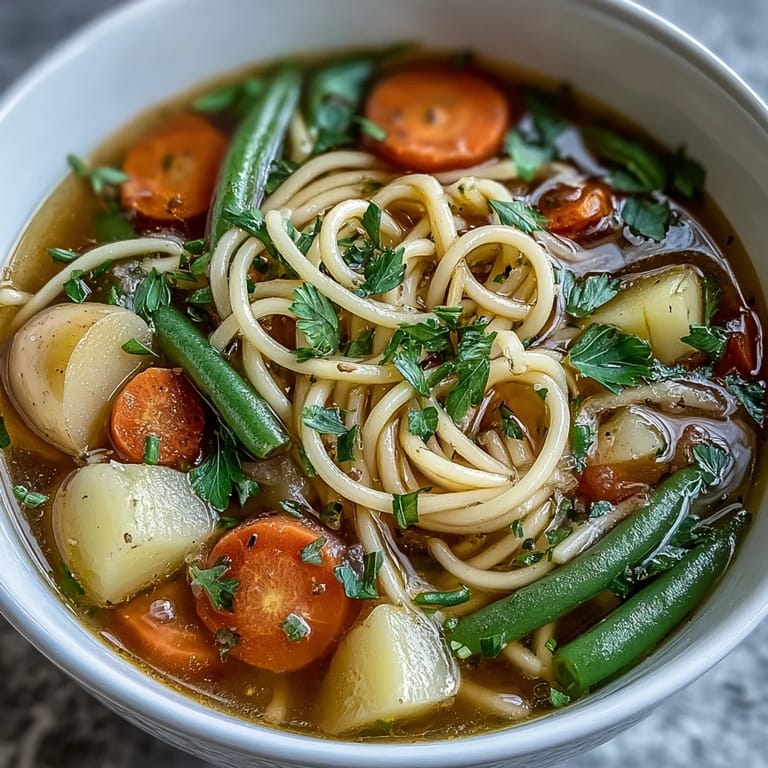 Hearty vegetable noodle soup with carrots, celery, and potatoes in a savory broth, perfect for chilly days.  