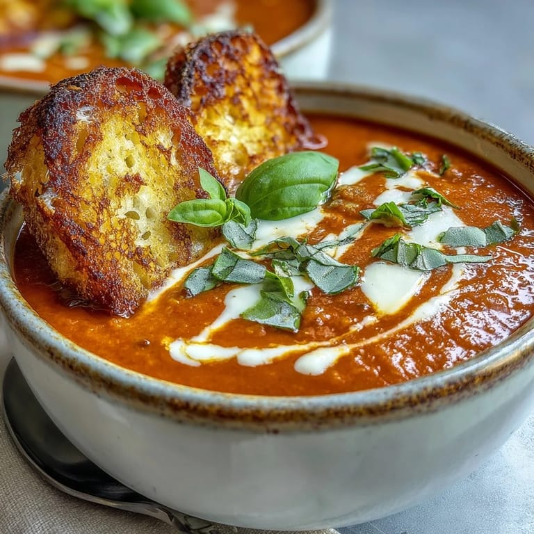 Velvety tomato basil soup served hot with golden sourdough bread dippers for dipping and savoring.  