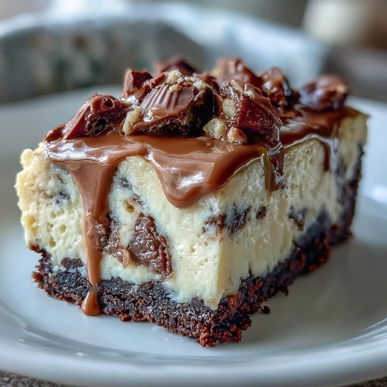 Creamy peanut butter cheesecake swirled with chocolate and studded with peanut butter cups, baked on a chocolate cookie crust.  