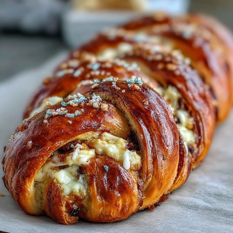 Festive Mardi Gras King Cake Braid showcasing a golden crust, lemon cream cheese filling, and colorful sugar stripes.  