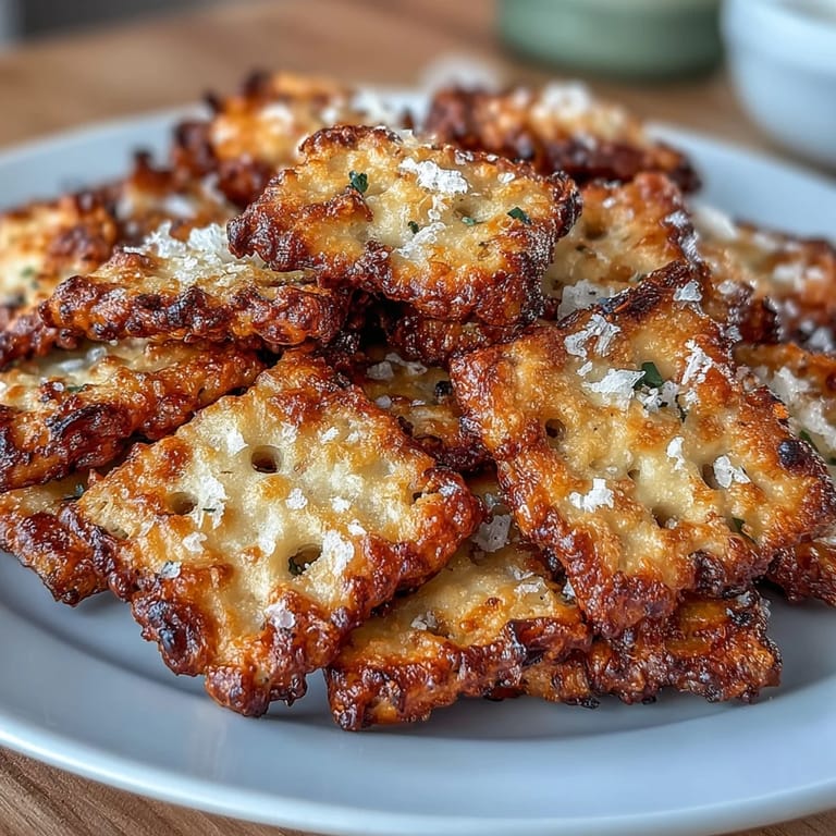 Baked sourdough crackers infused with sharp cheddar and Parmesan, sprinkled with garlic and flaky sea salt.  