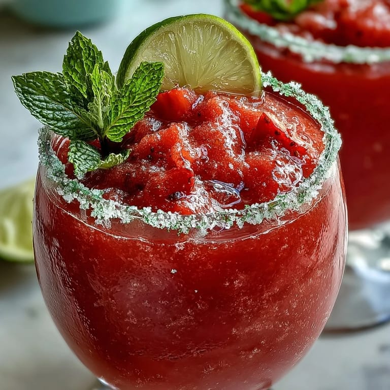 Alcohol-free frozen strawberry daiquiri mocktail blended with fresh lime, topped with a sweet-tart lime sugar rim and mint garnish.