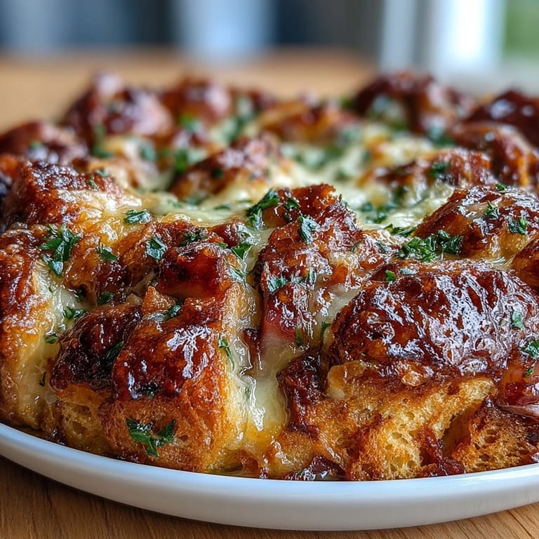Savory breakfast casserole featuring flaky croissants, diced ham, and creamy cheese custard baked until puffed and golden brown.
