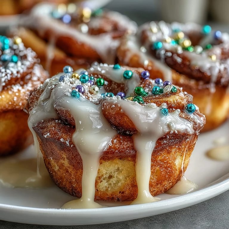 Bite-sized cinnamon-swirled cupcakes topped with a sweet glaze and traditional green, purple, and gold sugar for a mini King Cake twist.