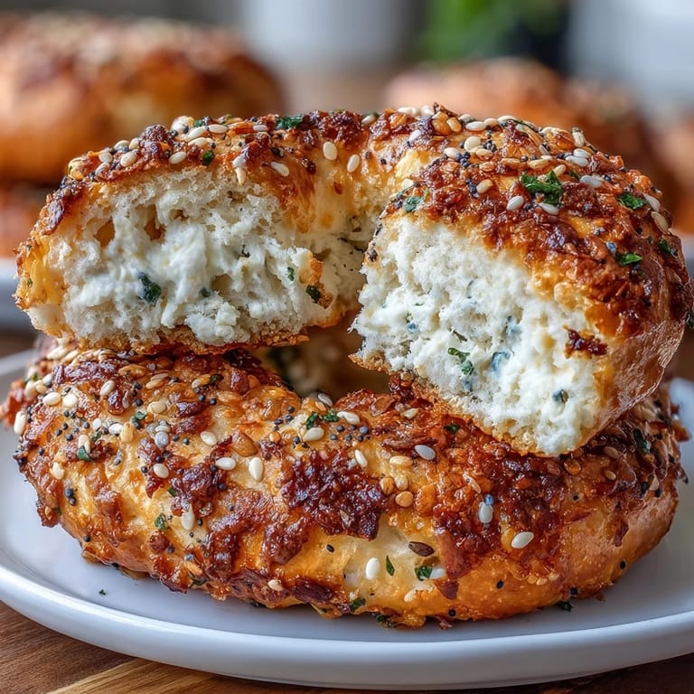 High-protein, low-fat bagels made with Greek yogurt and finished with a generous sprinkle of everything bagel seasoning.  