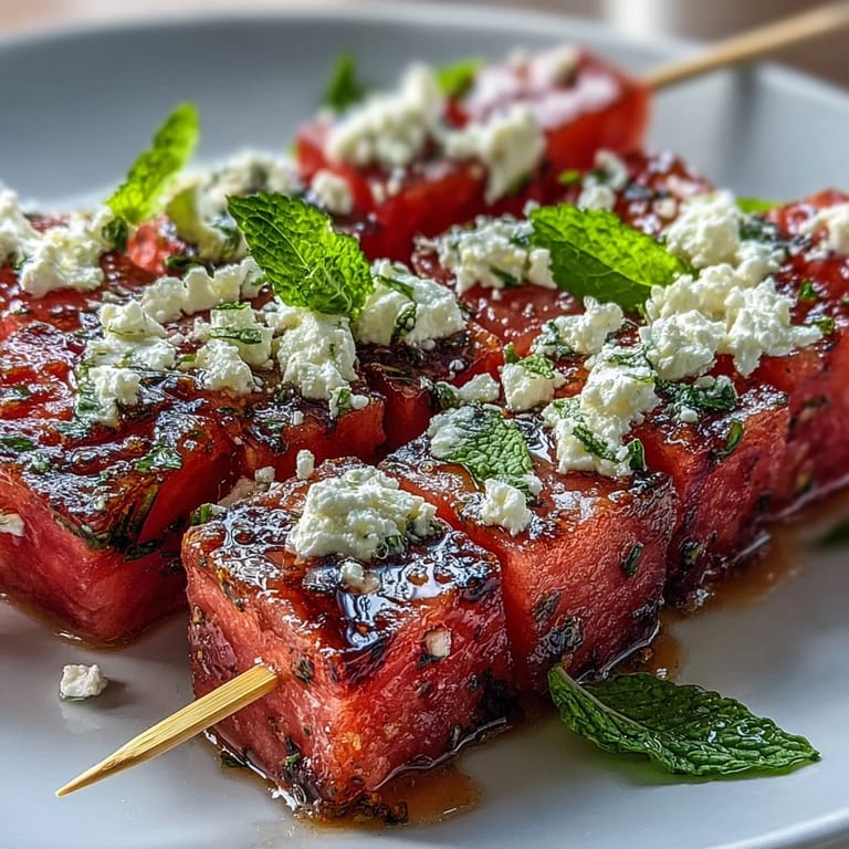 Colorful watermelon feta skewers with creamy cheese cubes and mint leaves, perfect for refreshing party platters.  