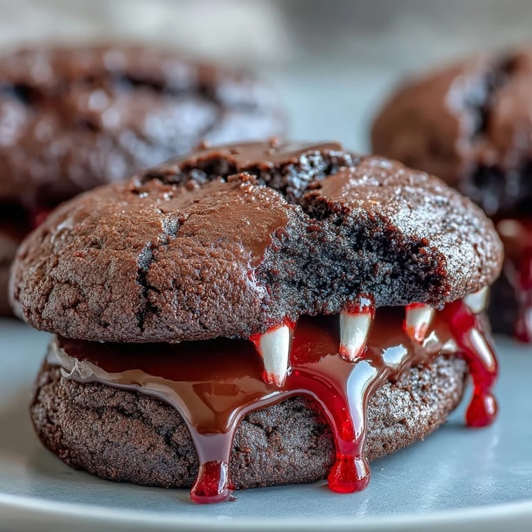 Dark chocolate cookies with candy fangs and blood-red icing, offering a deliciously spooky twist for Halloween parties.