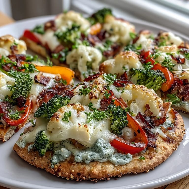 Colorful St. Patrick's Day flatbread pizza featuring rainbow veggies arranged in cheerful rows for a festive meal.