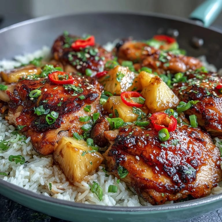 Vibrant one-pan pineapple chicken and rice skillet with bell peppers, garnished with green onions for a fresh finish.