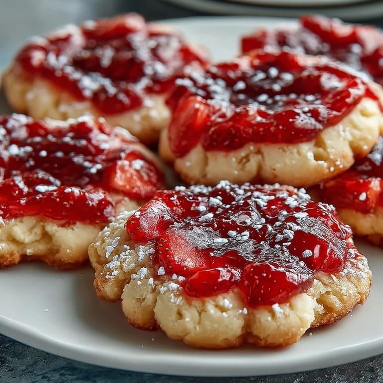 Buttery thumbprint cookies filled with bright, glossy strawberry jam, offering a perfect balance of sweet and tart in every bite.